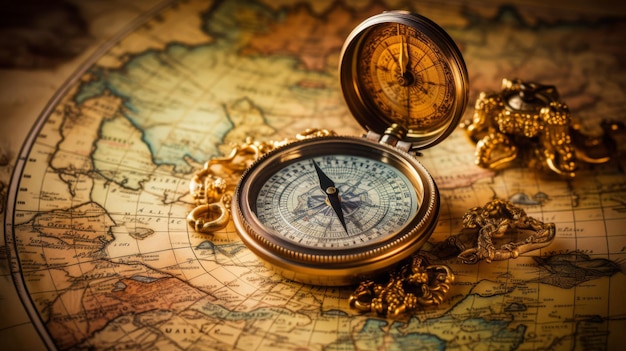 Antique compass on an old map evoking the spirit of exploration and adventure