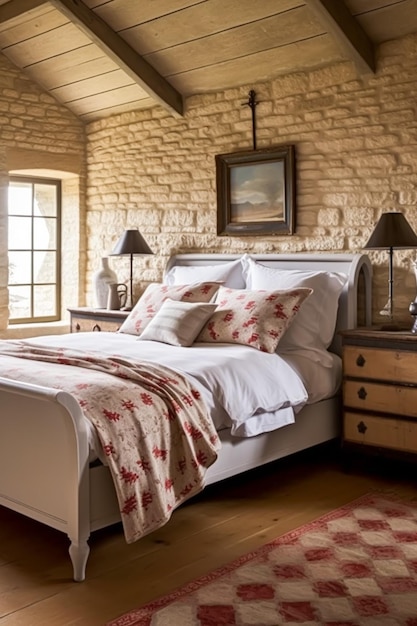 Дизайн интерьера спальни в старинном коттедже и кровать в аренду на время отпуска с элегантными постельными принадлежностями и мебелью в стиле английского загородного дома