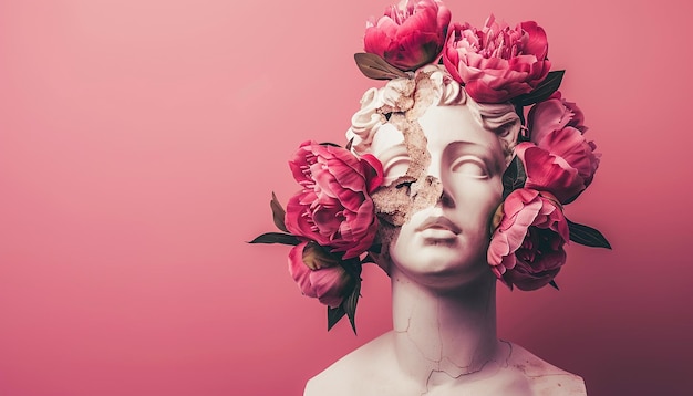 Foto statua antica rotta con fiori di peonie