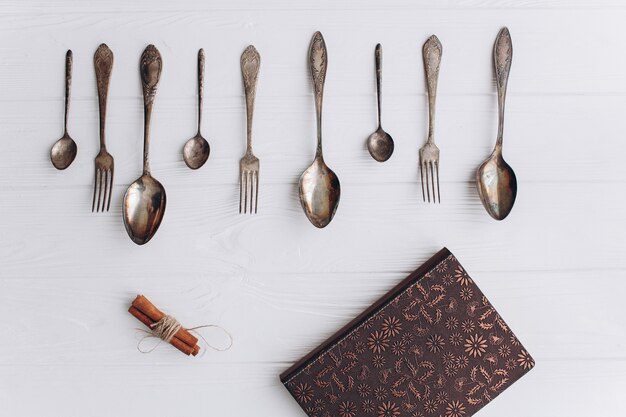 antique cutlery.old silver spoons and forks on  wooden background