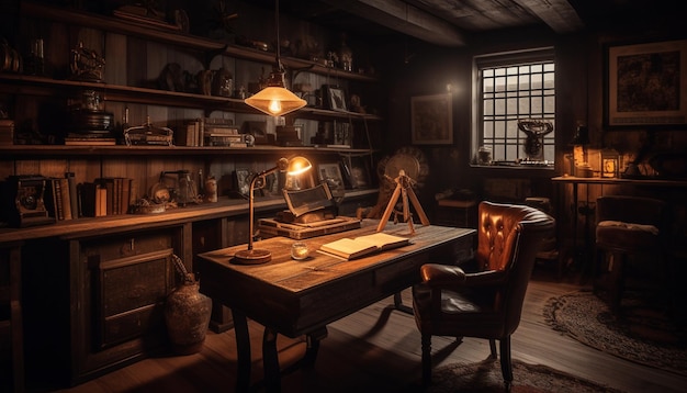 Antique desk bookshelf and chair in home office generated by AI