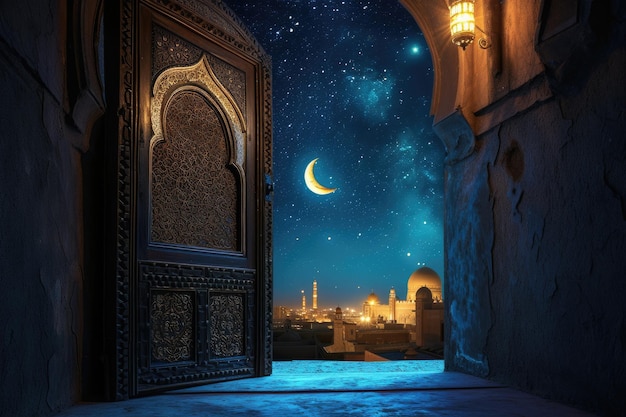 antique door opening to an Arabian city under Ramadan39s night sky