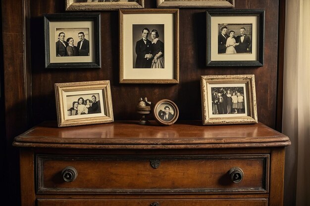 Photo an antique dresser decorated with family photo frames