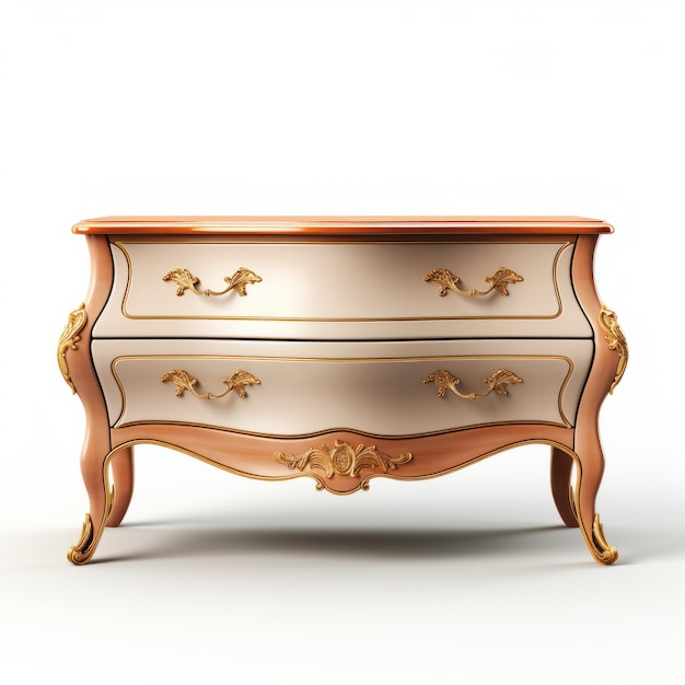 an antique dresser in vintage colors, featuring a light pink and dark gold palette. this realistic hyper-detailed rendering showcases the smooth curves and intricate design of the dresser. the light a