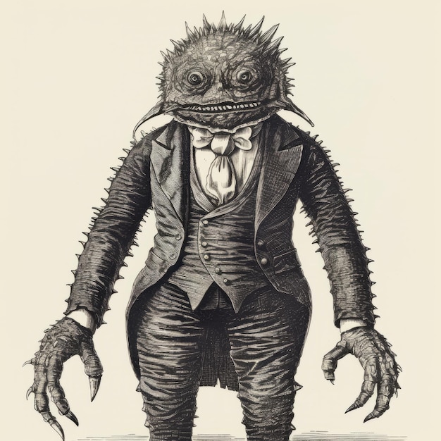 Antique Engraving Of A Quirky Monster In A Stylish Suit