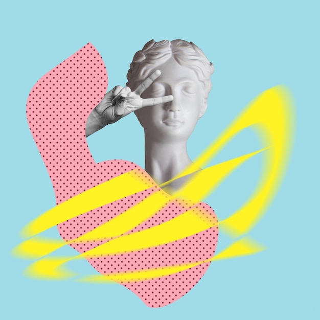 antique female statue shows peace gesture with hand opposite the eye. 3d contemporary art