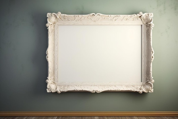 an antique frame with a white frame on a green wall.