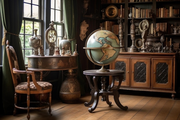 写真 生成 ai で作成されたヴィンテージの書斎の木製スタンドに置かれたアンティークの地球儀
