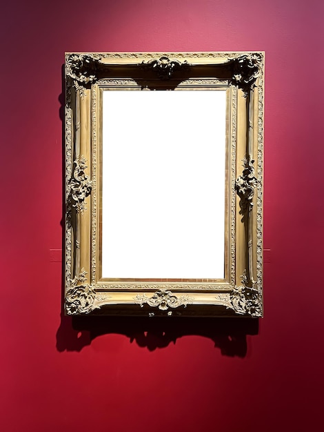 Antique golden art fair gallery frame on the wall at auction house or museum exhibition blank template with empty white copyspace for mockup design artwork