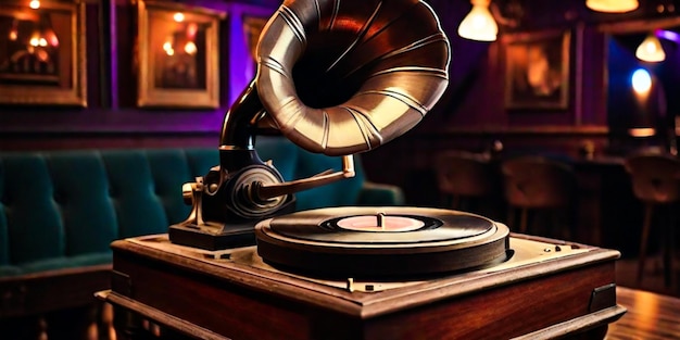 Antique gramophone spinning old fashioned soundtracks at nightclub