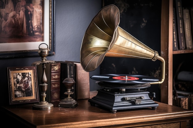 写真 生成 ai で作成された真鍮ホーンとビニール レコードを備えたアンティーク蓄音機