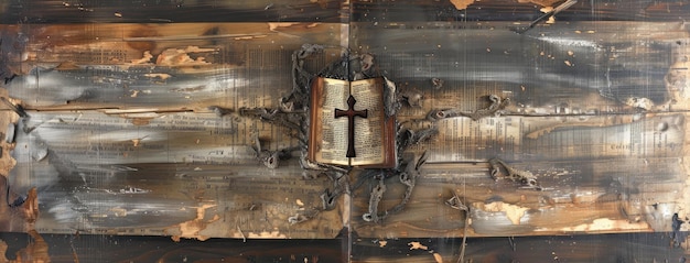 Photo antique holy book with cross on rustic wood