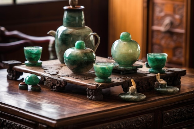 木製のテーブルに設置された古代の中国製のジャード茶セット