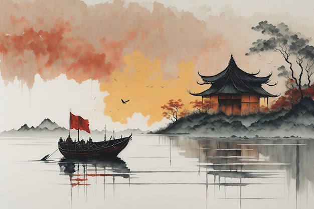Foto antico dipinto asiatico giapponese con una barca sul mare e isole sullo sfondo