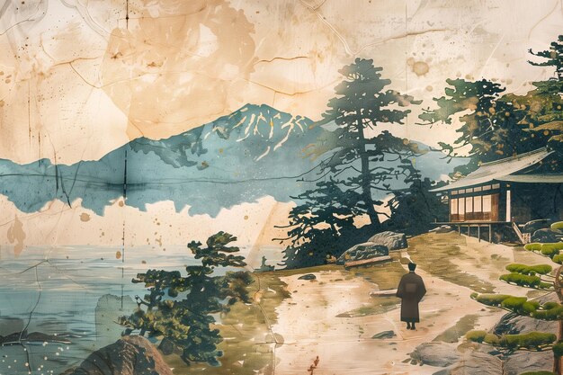 Photo antique japanese poster landscape illustration