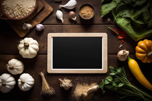 On an antique kitchen table a tablet with a blank screen is surrounded by kitchenware