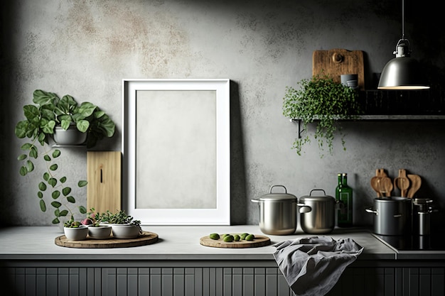 Antique kitchen with table on shadow gray concrete wall Country kitchen design Weather