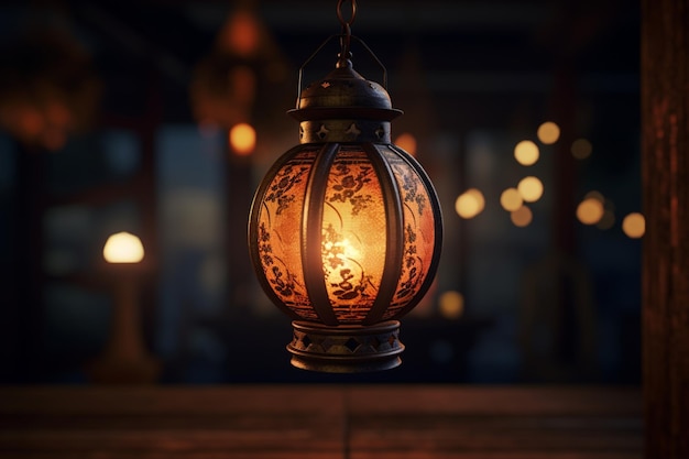 Antique lantern glowing hanging and illuminating a traditional celebration indoors