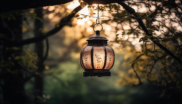 Antique lantern hanging from tree illuminates autumn night generated by AI
