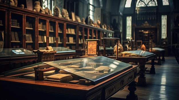 Antique library exhibit with historical books and artifacts