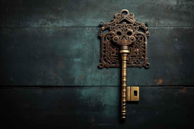 Фото Античный замок и золотой ключ на текстурированном темном фоне