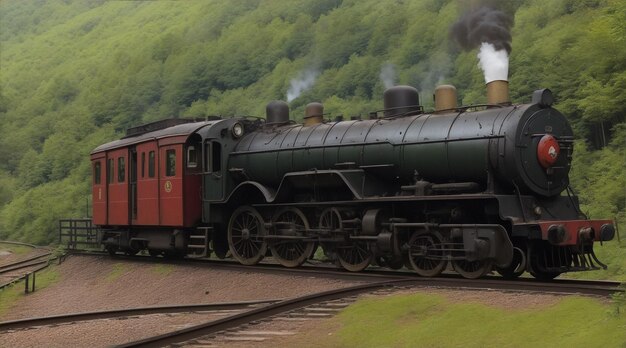 Antique locomotive chugs through mountainous forest on abandoned railroad track by Generative AI