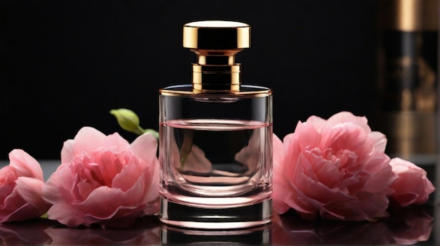 Antique and luxury perfume bottle with pink flowers composition on dark background