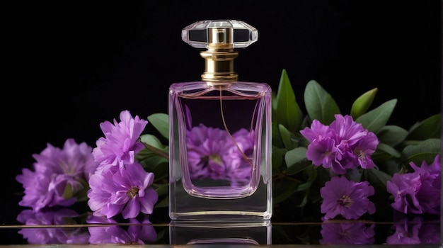 Antique and luxury perfume bottle with purple flowers composition on dark background