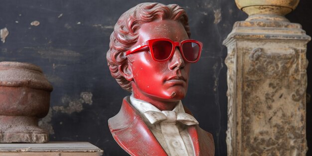 Photo antique male statue's head in red sunglasses showing with suite