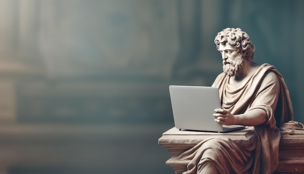 Foto statua di un uomo antico con un laptop