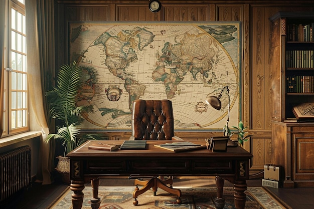 Antique map wallpaper in a home office for a schol