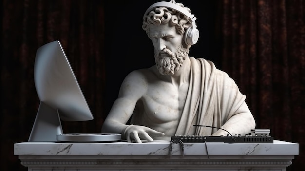 Foto antica scultura in marmo di un dj statua classica di un musicista maschile che suona giradischi per dj