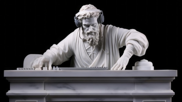 Foto antica scultura in marmo di un dj statua classica di un musicista maschile che suona giradischi per dj