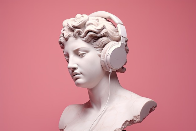 Antique marble sculpture statue bust of an ancient greek goddess in headphones