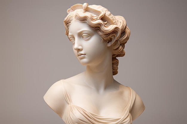 Foto busto di statua di scultura in marmo antico di un'antica dea greca su spazio di copia di sfondo pastello