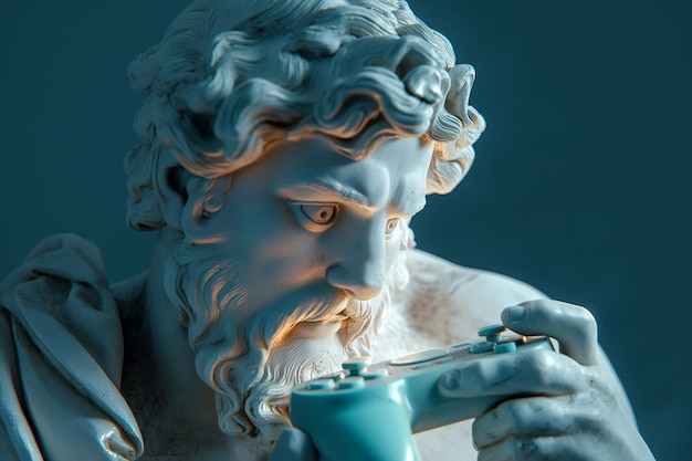 ギリシャの古代刻ゲームパッドジョイスティックを握るギリシャの像ゲームコンセプト現代のデジタルエンターテインメントと古代芸術現代のテクノロジーゲーム中毒