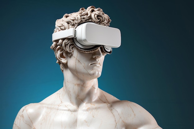 Antique marble sculpture with VR headset Statue wearing virtual reality goggles on pastel background Bust with VR glasses Metaverse world exploring VR games concept AI generated image