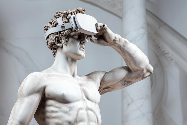 Antique marble sculpture with VR headset Statue wearing virtual reality goggles on pastel background Bust with VR glasses Metaverse world exploring VR games concept AI generated image