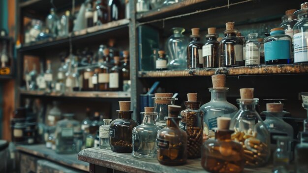 Antique medicine bottles on shelf in pharmacy drugstore