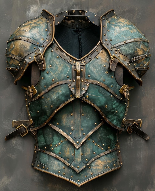 Antique medieval armor displayed on a dark background