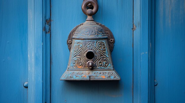 Antique metal blue door bell in front of a house