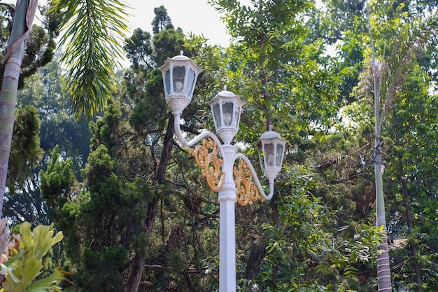 Photo antique metal electric lamp post with a classic appearance in the garden of gedung sate