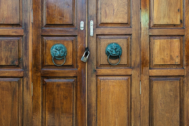 An antique metal handle with a lion on an old brown wooden door