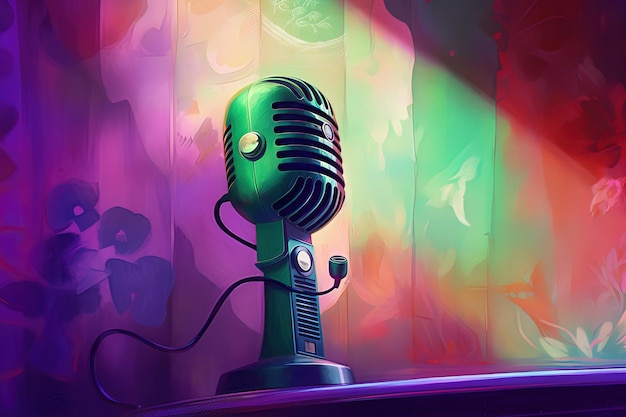 Antique microphone on colorful background Generative AI