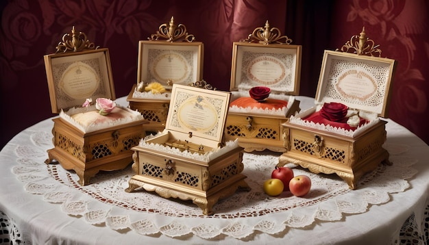antique music boxes arranged on a lace doilycovered table in a vintage parlor