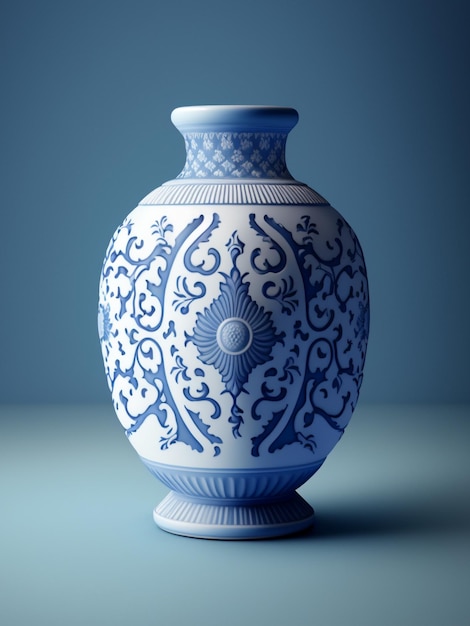 Antique oriental style blue vase on blue background Generative AI