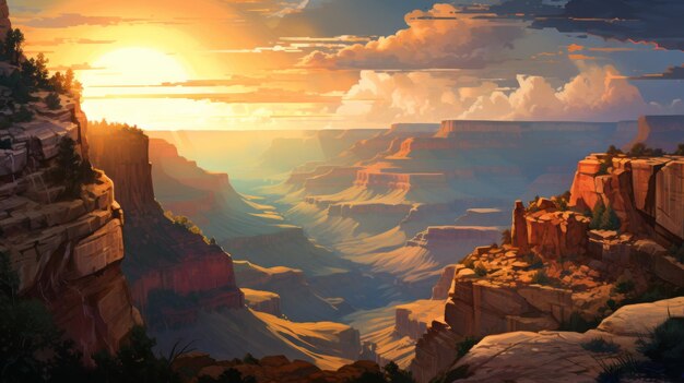 温かみのある色調のグランドキャニオンの印象的な風景のアンティーク絵画