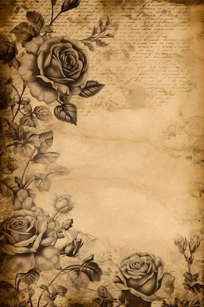 Antique paper with rose frame backdrop created with generative AI