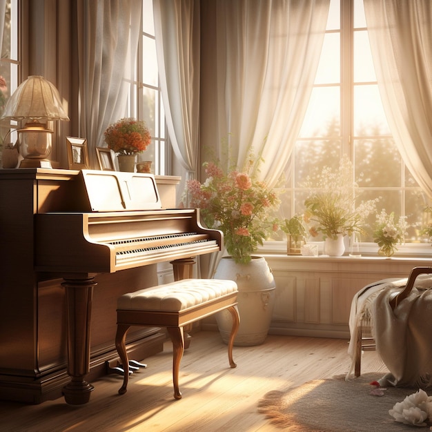 Antique piano set in an elegantly furnished room Incorporate a nearby window with soft warm light