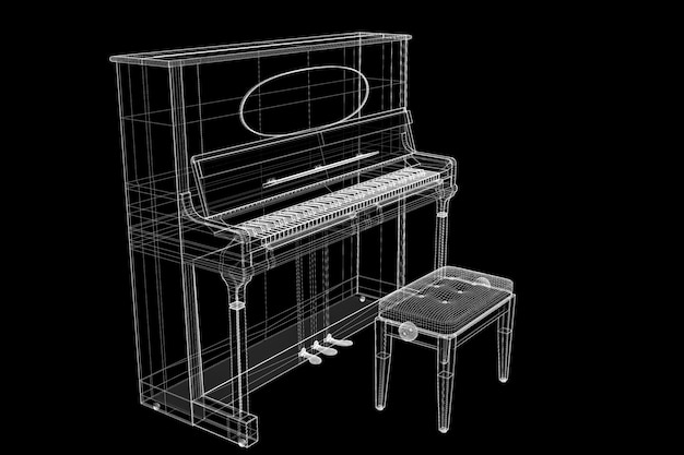 Старинное фортепиано с дорожкой, 3D модель корпуса, проволочная модель